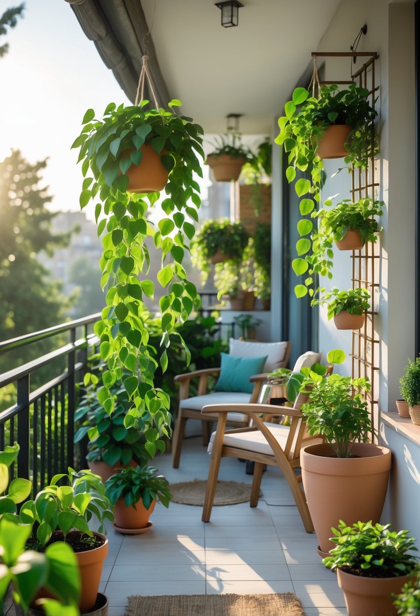 A balcony decorated with healthy money plants in pots, cozy seating, and natural sunlight.