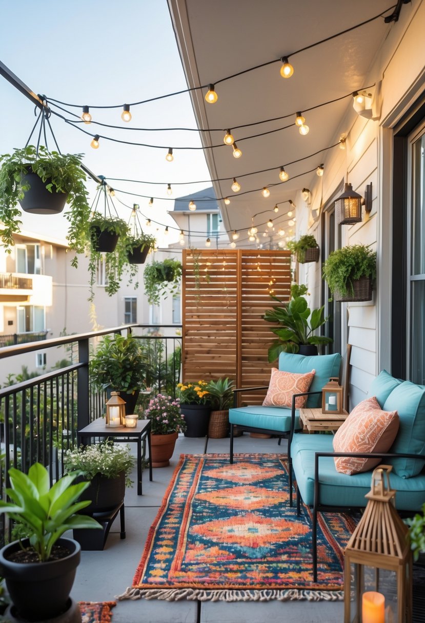 A shared balcony decorated with plants, seating areas, string lights, and a wooden privacy screen dividing the space.