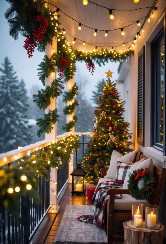 A balcony decorated for Christmas with string lights, green garlands, a small Christmas tree, and cozy seating with cushions and a blanket.
