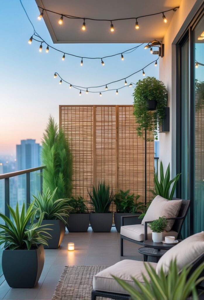 A balcony decorated with tall green plants, a wooden privacy screen, outdoor furniture, and string lights creating a private outdoor space.