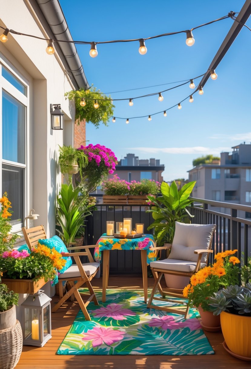 A balcony decorated with potted plants, outdoor furniture, string lights, and summer decor under a clear blue sky.