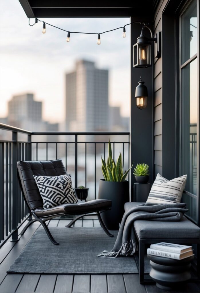 A balcony decorated with dark wood flooring, a leather lounge chair, black metal railings, plants in black pots, and industrial style lighting overlooking a cityscape.