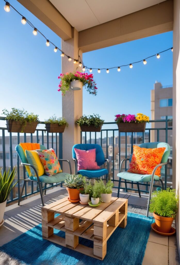 A small balcony decorated with potted plants, colorful cushions, a wooden table, and hanging lights.