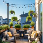 A shared balcony with two separate seating areas divided by plants, featuring chairs, small tables, and decorative greenery under string lights.