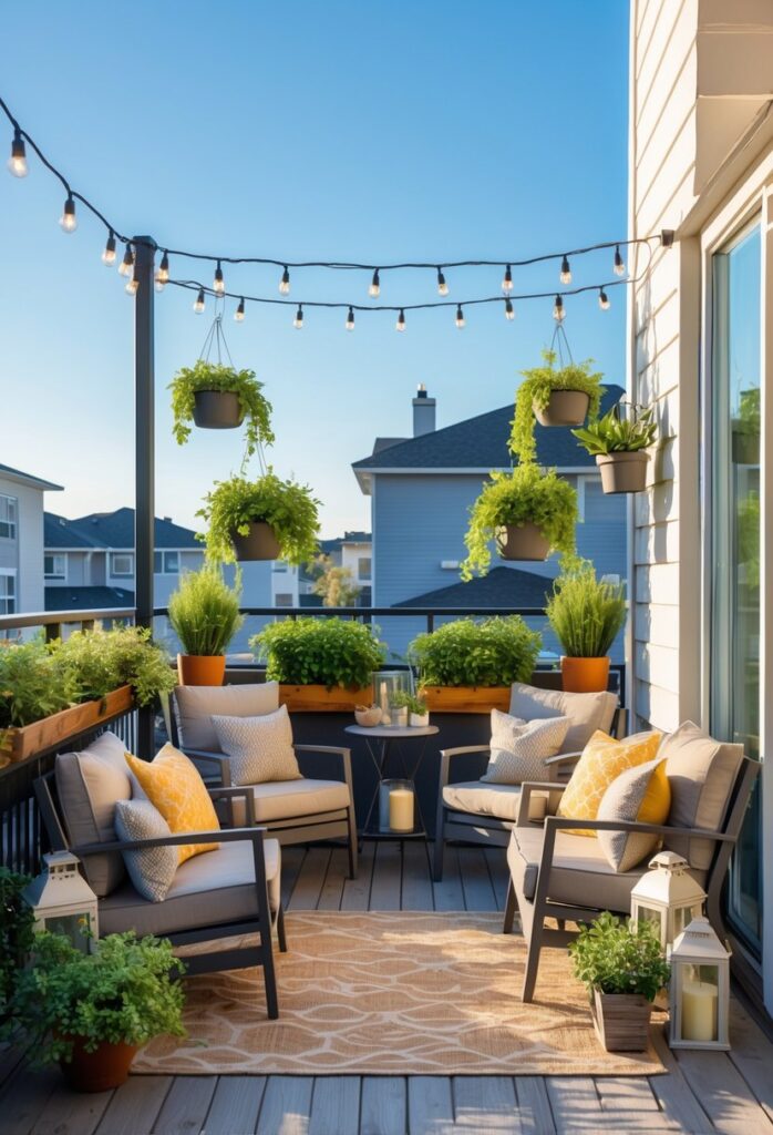 A shared balcony with two separate seating areas divided by plants, featuring chairs, small tables, and decorative greenery under string lights.