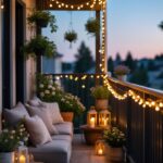 A balcony decorated with string lights, plants, and comfortable seating creating a warm and inviting atmosphere.