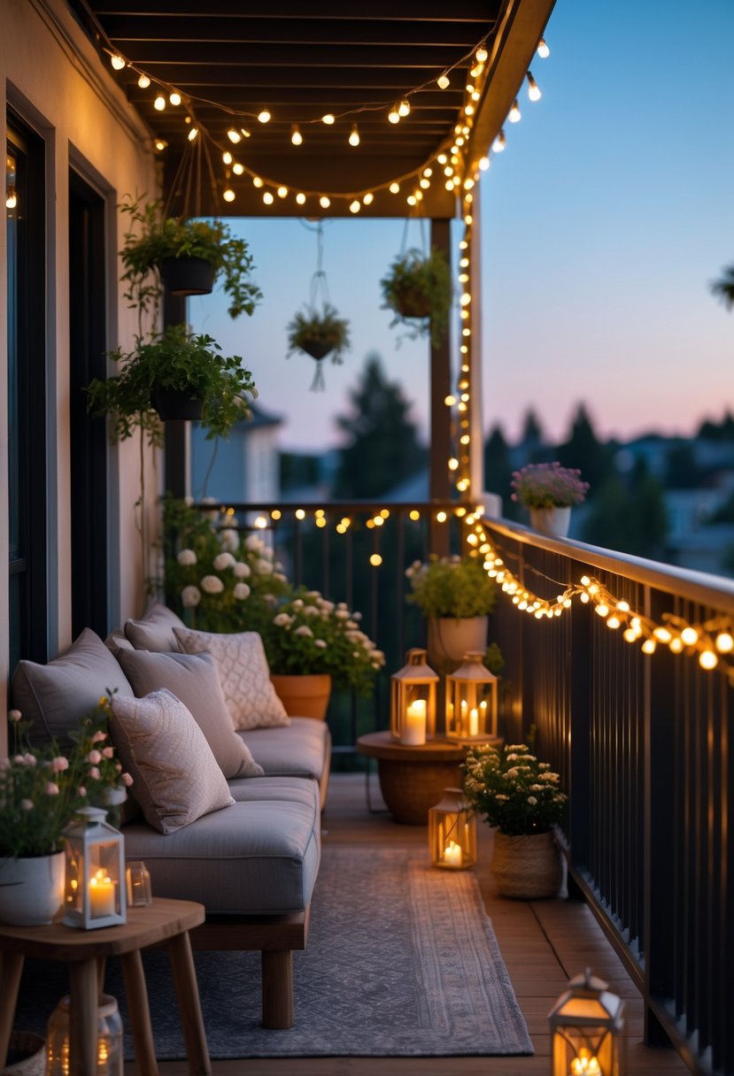 A balcony decorated with string lights, plants, and comfortable seating creating a warm and inviting atmosphere.