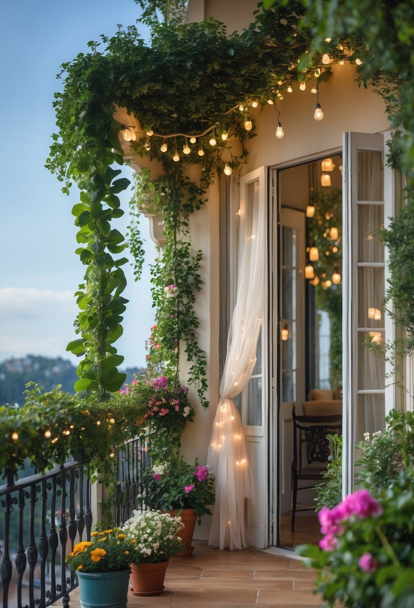 A Juliet balcony decorated with green climbing plants, colorful flowers, string lights, and sheer curtains with open French doors.