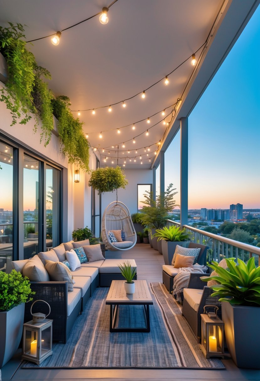 A large balcony with outdoor furniture, potted plants, string lights, and a city view in daylight.