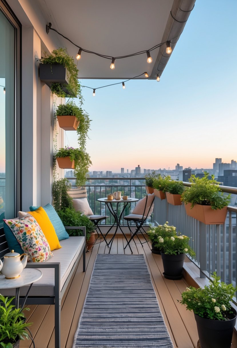 A long narrow balcony decorated with a wooden floor, a bench with cushions, potted plants along the railing, a small table with two chairs, and string lights overhead.