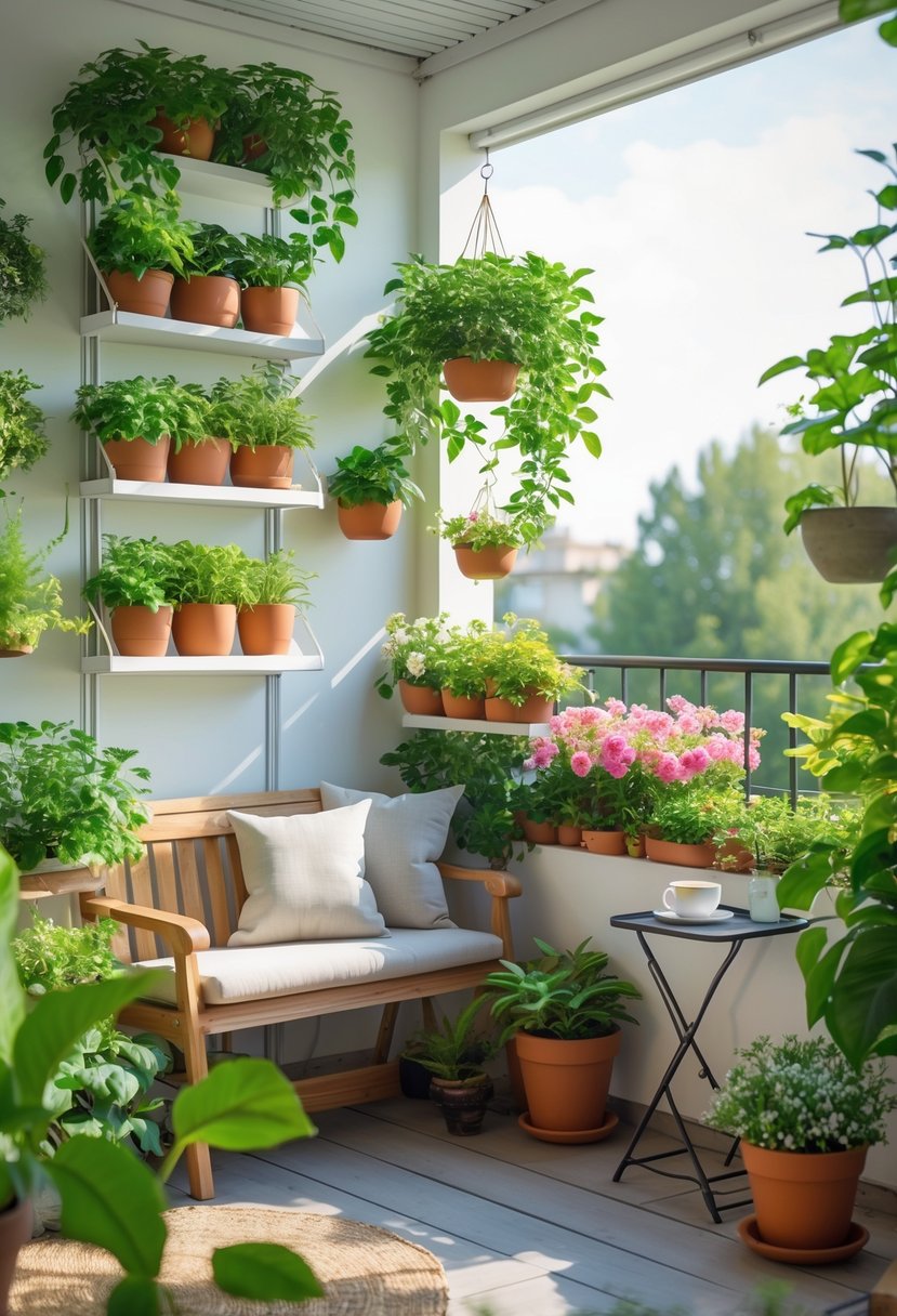 A small balcony decorated with various green plants in pots, a wooden bench with cushions, and a small table, bathed in natural sunlight.