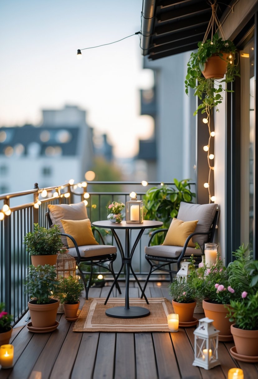 A small balcony with a wooden floor, a round table, two chairs, potted plants, and string lights, overlooking an urban area.