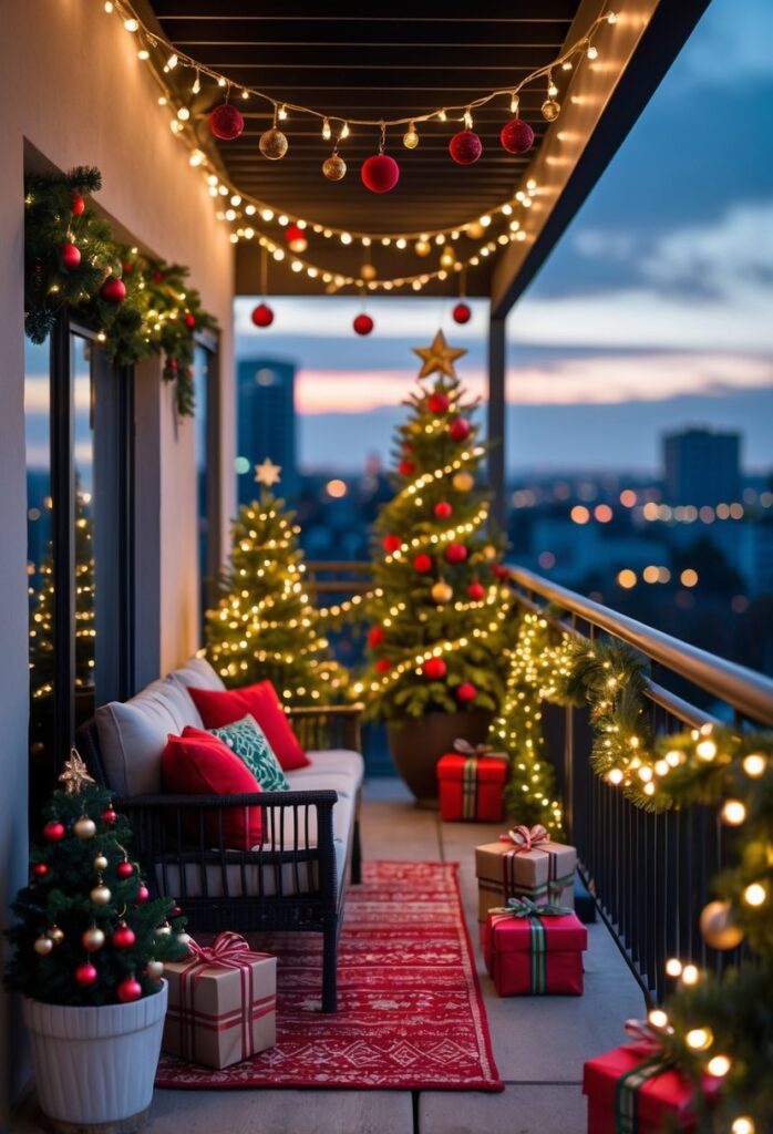 An apartment balcony decorated for Christmas with string lights, ornaments, a small Christmas tree, and cozy seating.