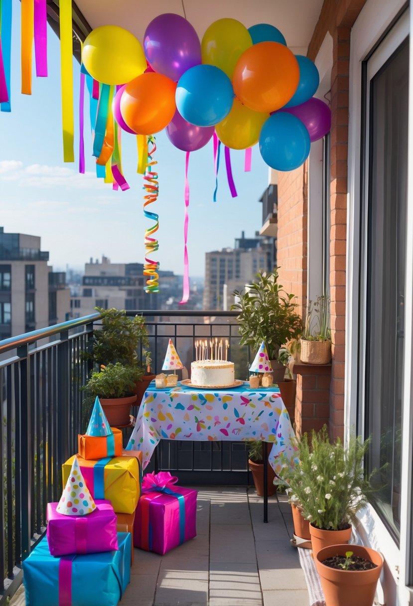 A balcony decorated with balloons, streamers, a table with a birthday cake, presents, and party hats, overlooking city buildings.