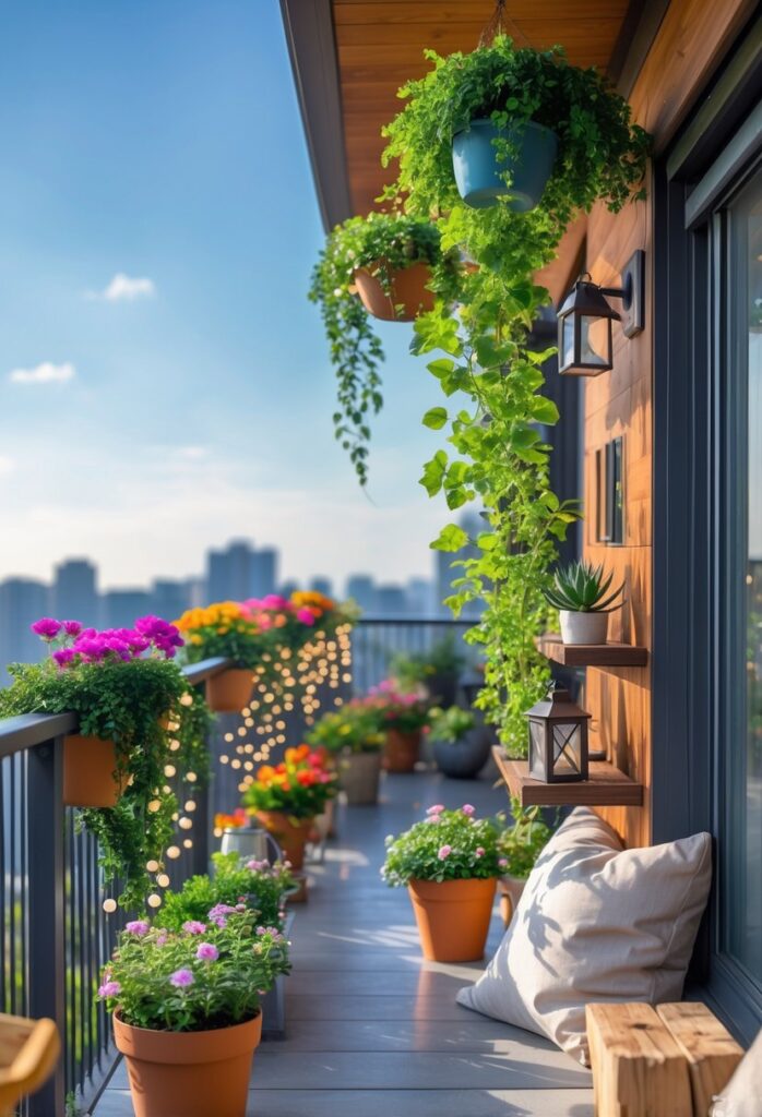 A balcony railing decorated with flowering plants, hanging vines, string lights, lanterns, and outdoor cushions, overlooking a cityscape.