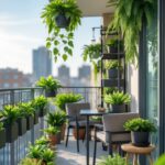 A balcony decorated with various artificial plants, including hanging vines and potted plants, with a small table and chairs.