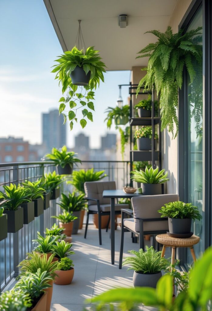 A balcony decorated with various artificial plants, including hanging vines and potted plants, with a small table and chairs.