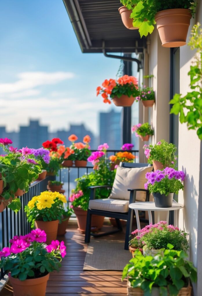 A balcony decorated with colorful flowering plants in pots and hanging baskets, with a cushioned chair and side table, overlooking a cityscape.