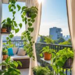 A balcony decorated with money plants in pots and hanging planters, featuring a seating area and natural sunlight.