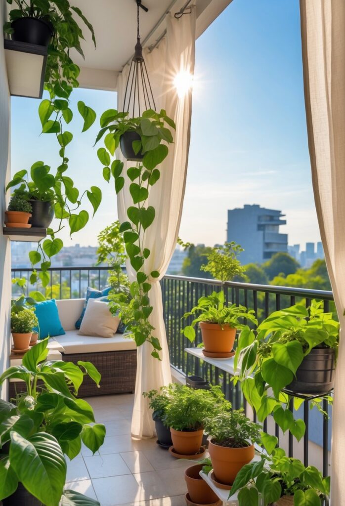 A balcony decorated with money plants in pots and hanging planters, featuring a seating area and natural sunlight.
