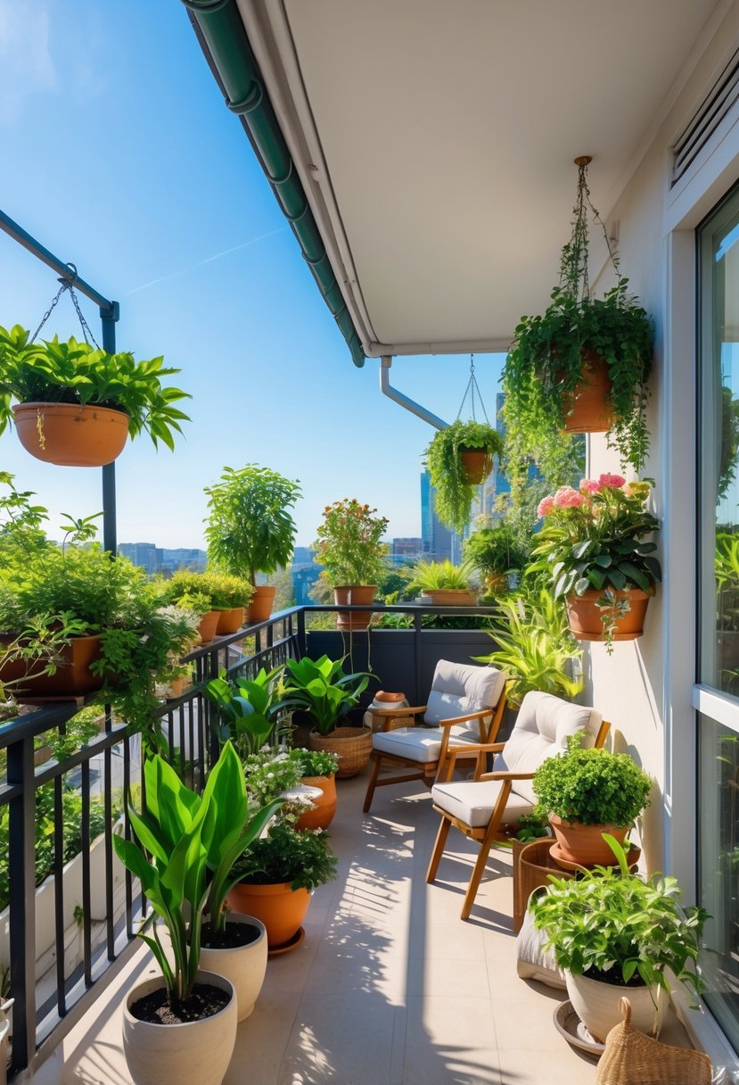A balcony decorated with various green plants in pots, featuring a small seating area and a view of the city.