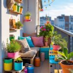 A balcony decorated with plants in repurposed containers, wooden shelves, and hanging decorations made from recycled materials.