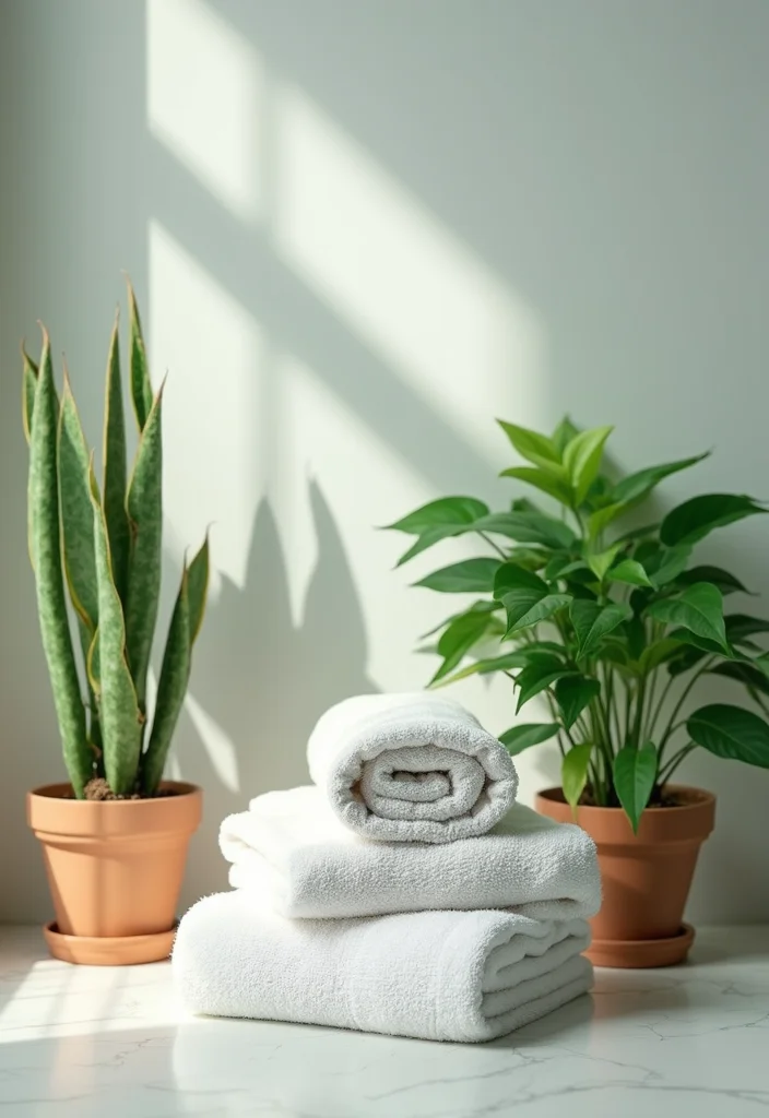 12 Bathroom Towel Decor Ideas for Neat Pretty Everyday Displays - 10. Incorporate Plants for a Fresh Look