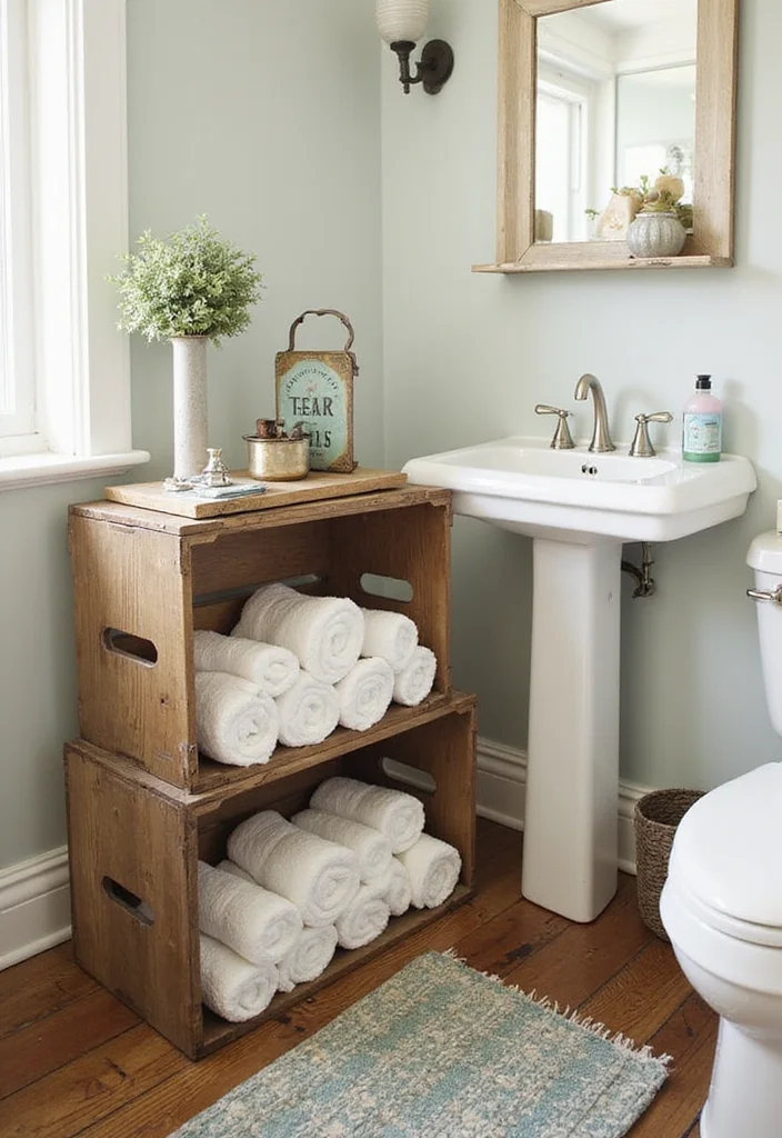 12 Bathroom Towel Decor Ideas for Neat Pretty Everyday Displays - 11. Vintage Crates for Rustic Charm
