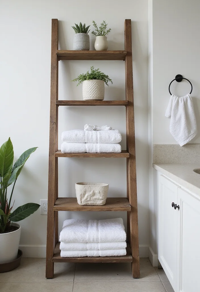 12 Bathroom Towel Decor Ideas for Neat Pretty Everyday Displays - 3. Ladder Shelf for Stylish Towel Storage