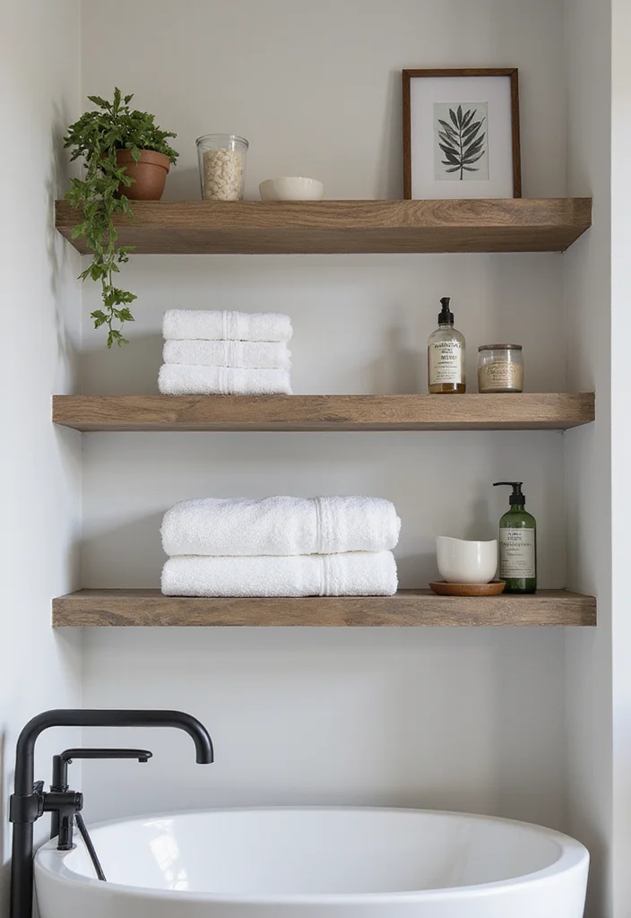 12 Bathroom Towel Decor Ideas for Neat Pretty Everyday Displays - 5. Floating Shelves for Modern Touch