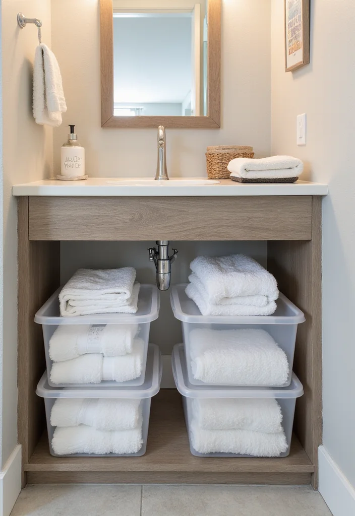 12 Bathroom Towel Decor Ideas for Neat Pretty Everyday Displays - 9. Use of Clear Plastic Bins for Organization