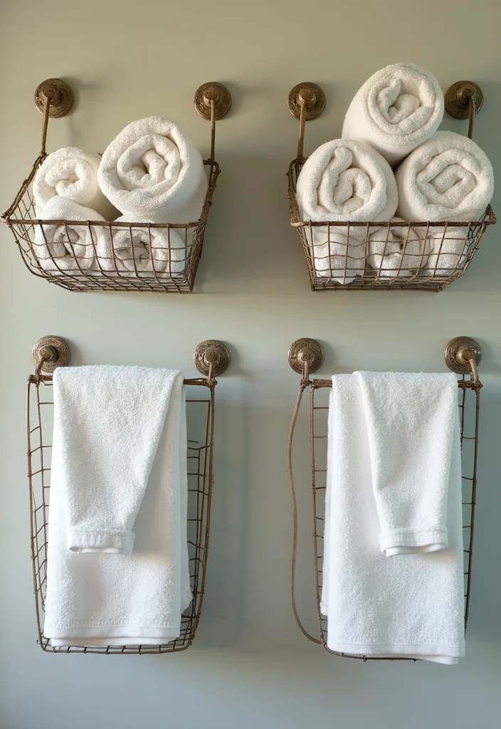 12 Bathroom Towel Hanging Ideas for Practical Clean Organization - 2. Wall-Mounted Wire Baskets