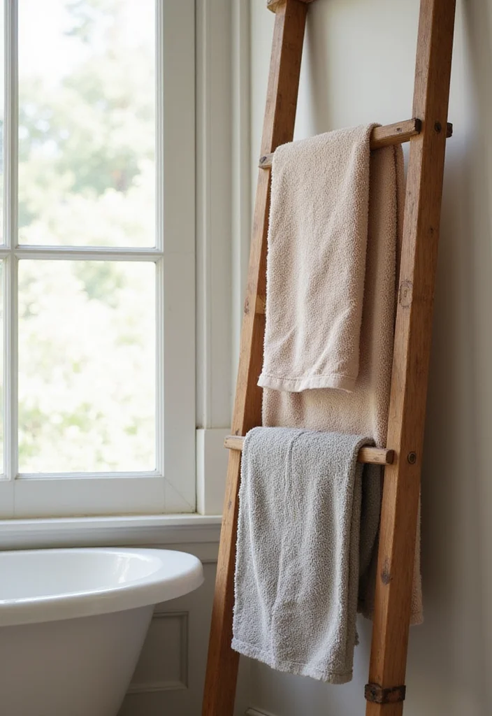 12 Bathroom Towel Hanging Ideas for Practical Clean Organization - 6. Elegant Wooden Towel Ladder