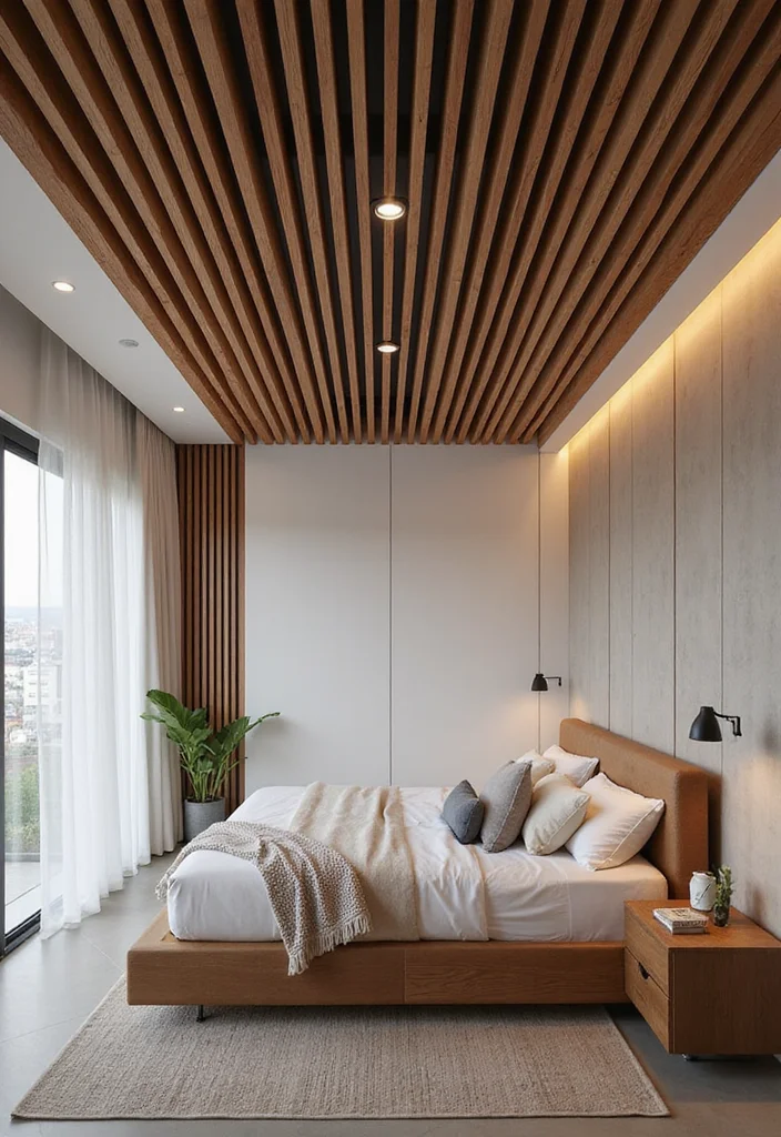 12 Bedroom Ceiling Ideas for Stylish Unexpected Design 67 12 Bedroom Ceiling Ideas for Stylish Unexpected Design - 7. Wooden Slats