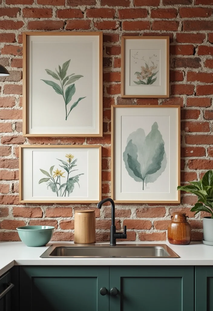 12 Brick Wall Kitchen Ideas for Warm Textured Industrial Charm - 12. Personalized Artwork on Brick