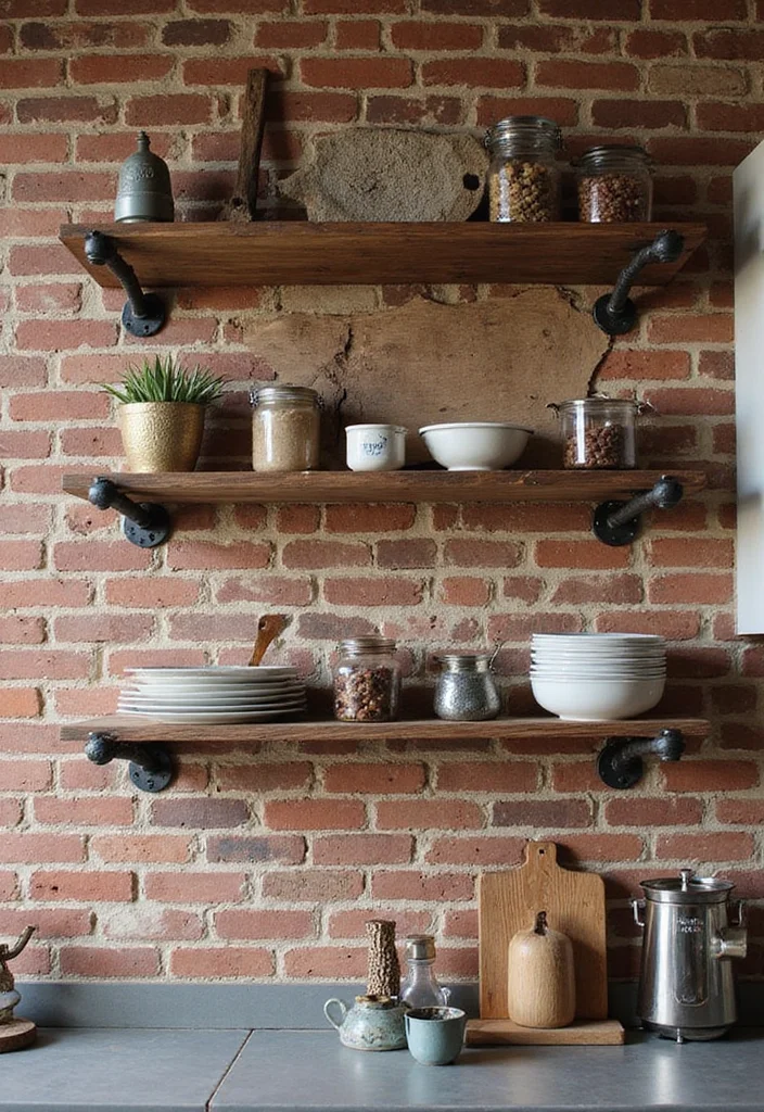 12 Brick Wall Kitchen Ideas for Warm Textured Industrial Charm - 3. Industrial Pipe Shelving