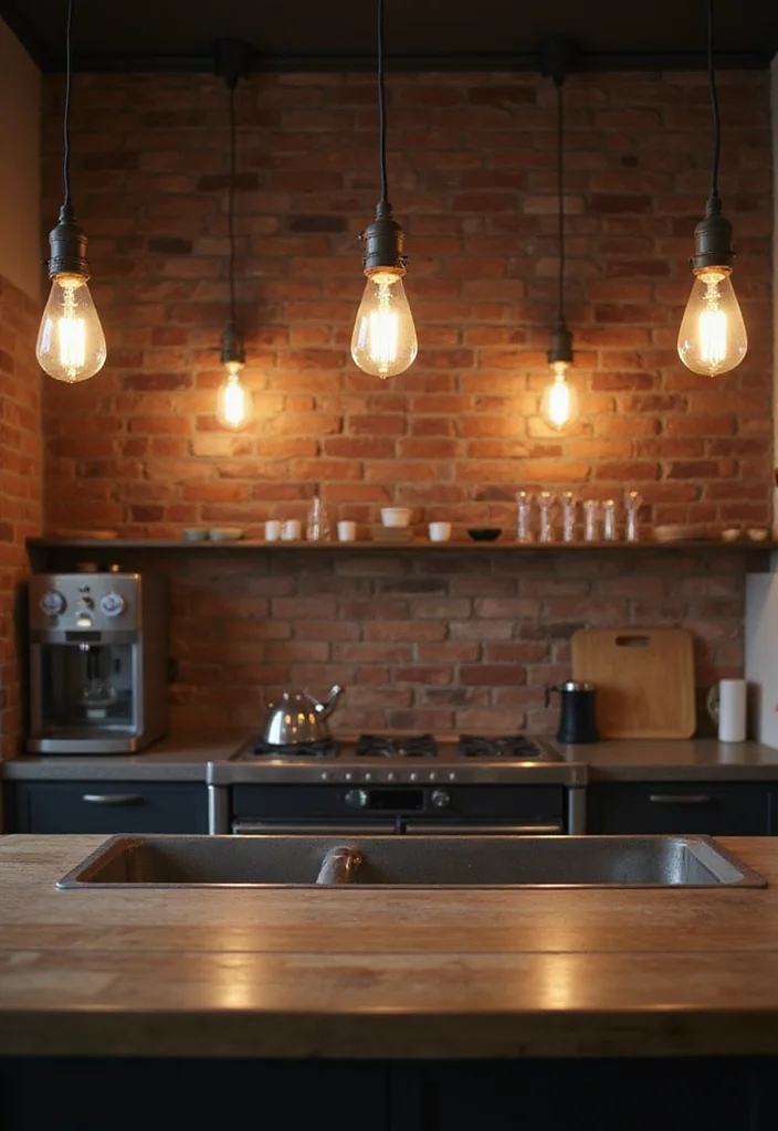 12 Brick Wall Kitchen Ideas for Warm Textured Industrial Charm - 7. Vintage Lighting with Brick Accents