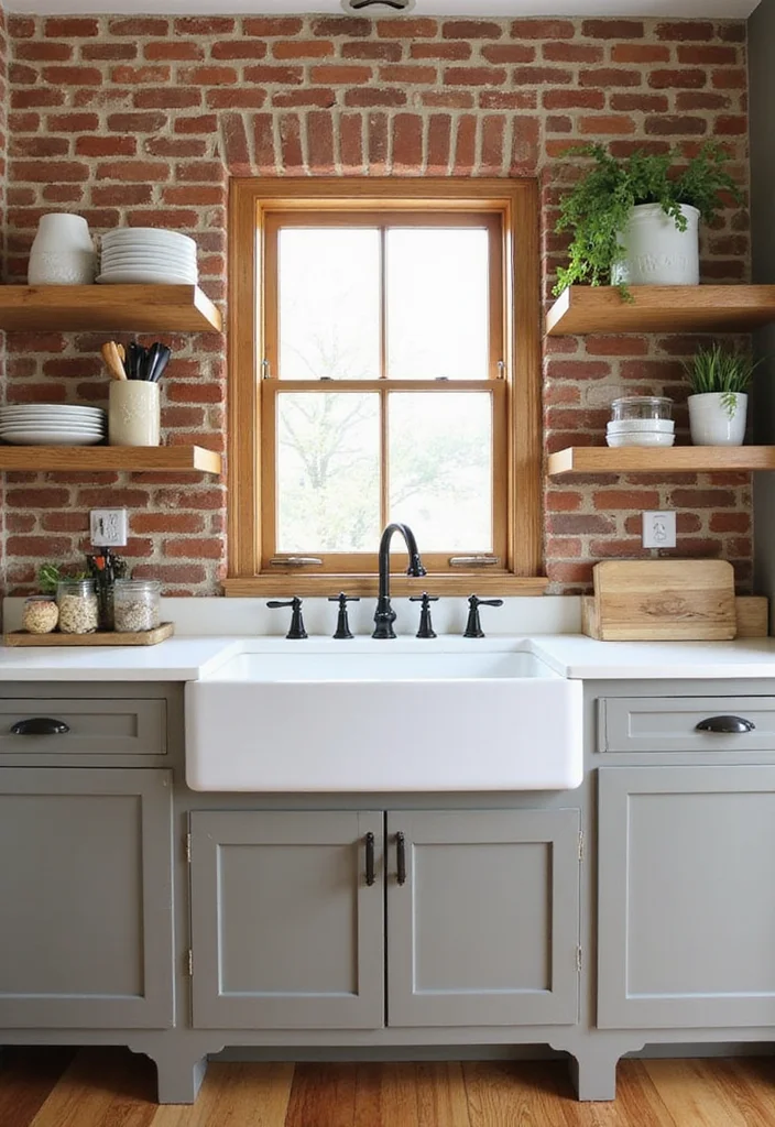 12 Brick Wall Kitchen Ideas for Warm Textured Industrial Charm - 9. Farmhouse Sink with Brick Background