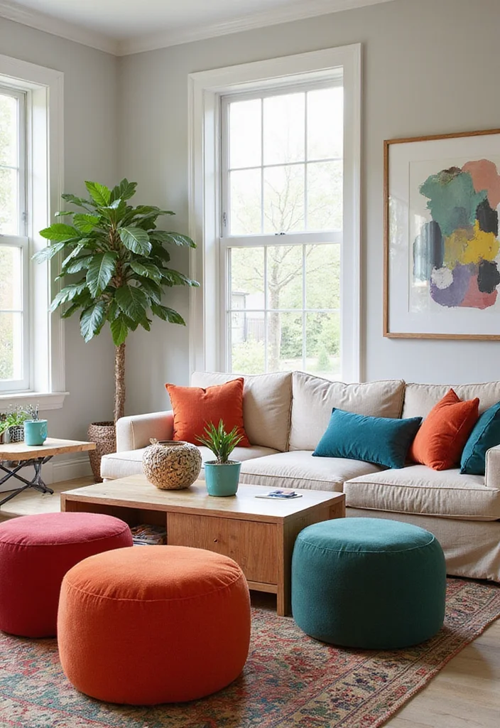 12 Living Room Ottoman Ideas for Multifunctional Practical Style - 12. Colorful Statement Ottomans