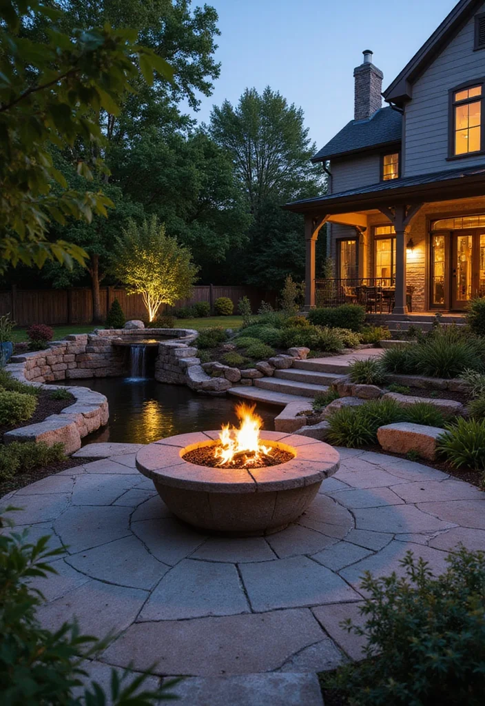 12 Modern Firepits Backyard Ideas for Sleek Warm Evenings - 10. Fire Pit with Water Feature