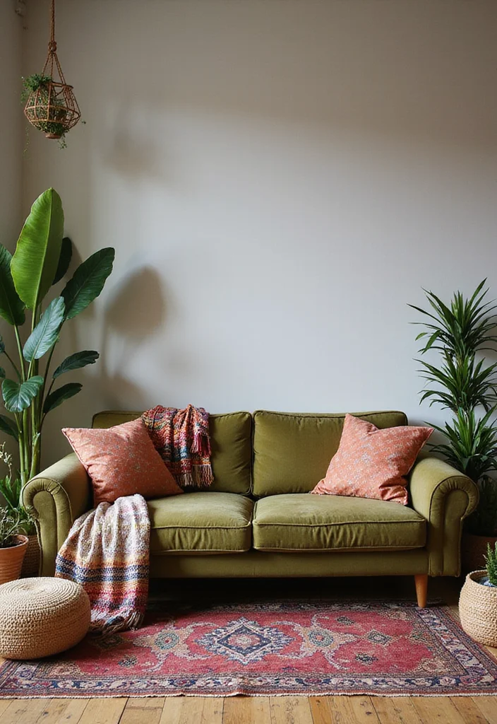 12 Olive Green Sofa Living Room Ideas for Fresh Earthy Vibes - 1. Bohemian Bliss