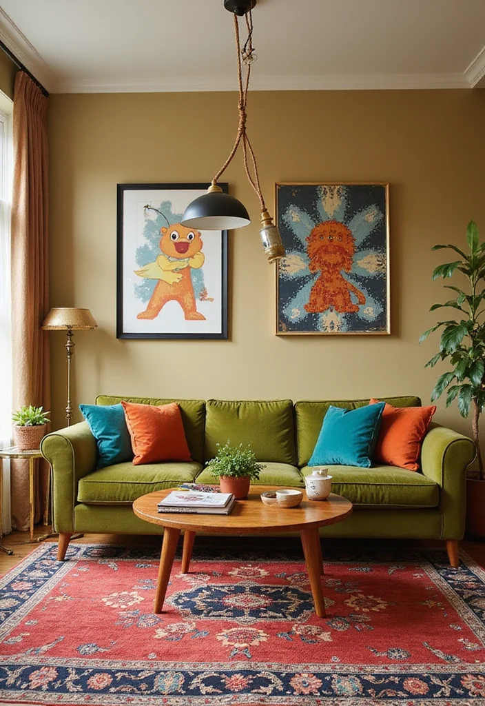 12 Olive Green Sofa Living Room Ideas for Fresh Earthy Vibes - 10. Retro Revival