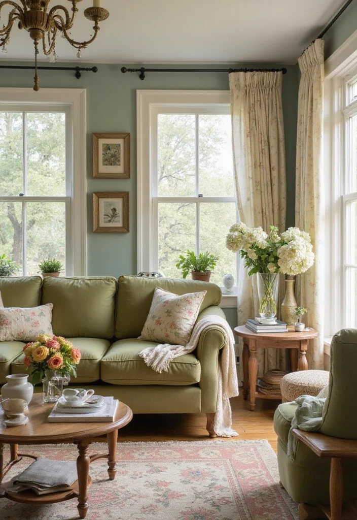 12 Olive Green Sofa Living Room Ideas for Fresh Earthy Vibes - 5. Cozy Cottage Vibes