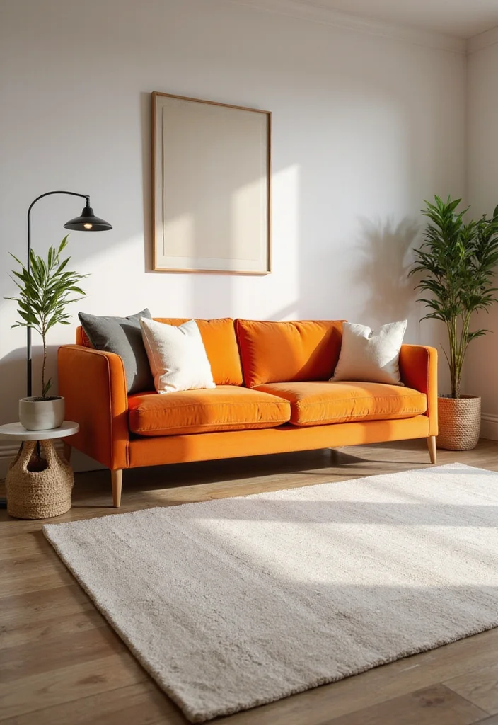 12 Orange Sofa Living Room Ideas for Bright Bold Energetic Style - 10. Neutral Balance