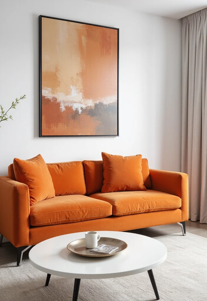 12 Orange Sofa Living Room Ideas for Bright Bold Energetic Style - 3. Minimalist Approach