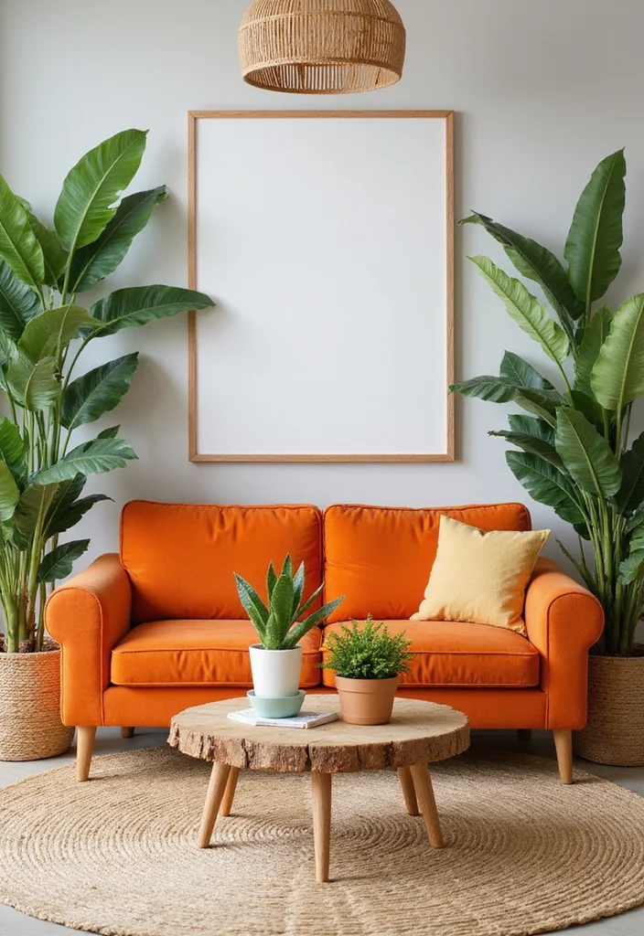 12 Orange Sofa Living Room Ideas for Bright Bold Energetic Style - 4. Tropical Vibes