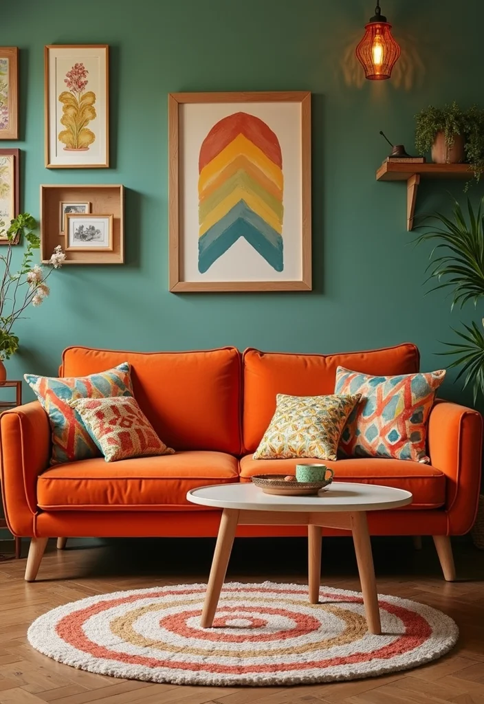 12 Orange Sofa Living Room Ideas for Bright Bold Energetic Style - 5. Retro Revival