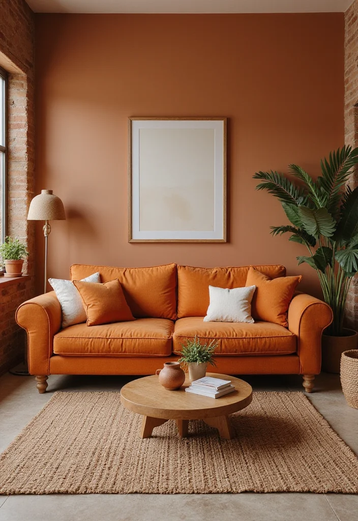 12 Orange Sofa Living Room Ideas for Bright Bold Energetic Style - 6. Earthy Tones