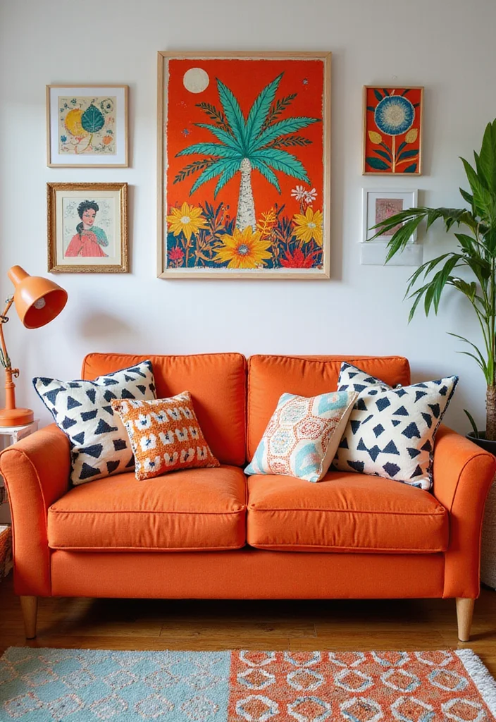 12 Orange Sofa Living Room Ideas for Bright Bold Energetic Style - 7. Playful Patterns