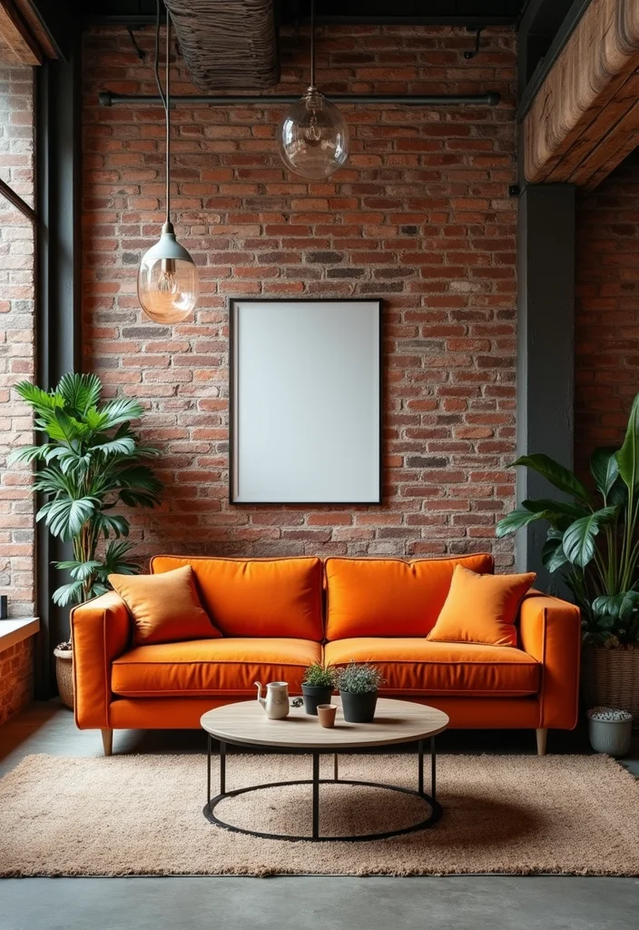 12 Orange Sofa Living Room Ideas for Bright Bold Energetic Style - 8. Industrial Edge